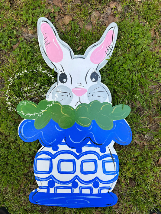Bunny in blue/white pot